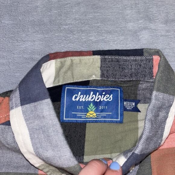 Chubbies Plaid Button Front Flannel Shirt Men's Size Medium Grey Orange Olive - Picture 3 of 6